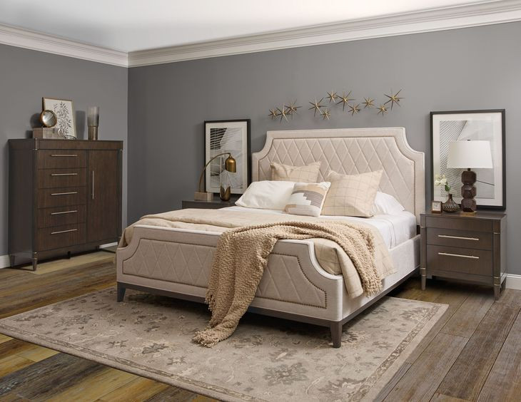 Asher Park Piano Brown Upholstered King Panel Bed with Nailhead Trim
