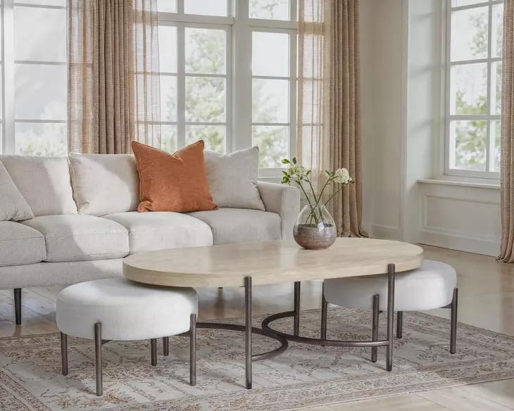 Jennings Edgecomb Gray and Weathered Antique Nickel Oval Occassional Table Set with 2 Ottomans