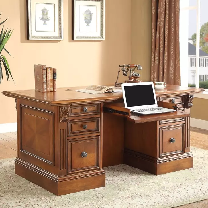 Huntington Antique Vintage Pecan Double Pedestal Executive Desk
