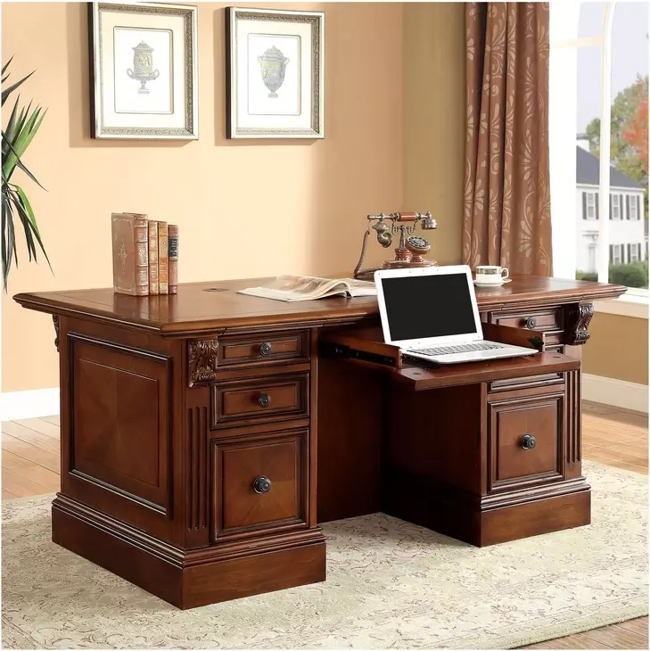 Huntington Antique Vintage Pecan Double Pedestal Executive Desk
