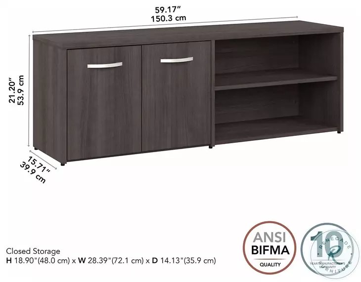 Hybrid Storm Gray Low Storage Cabinet with Doors and Shelves