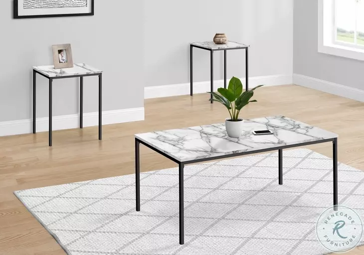 7892P White Marble Look Laminate And Black Metal 3 Piece Occasional Table Set