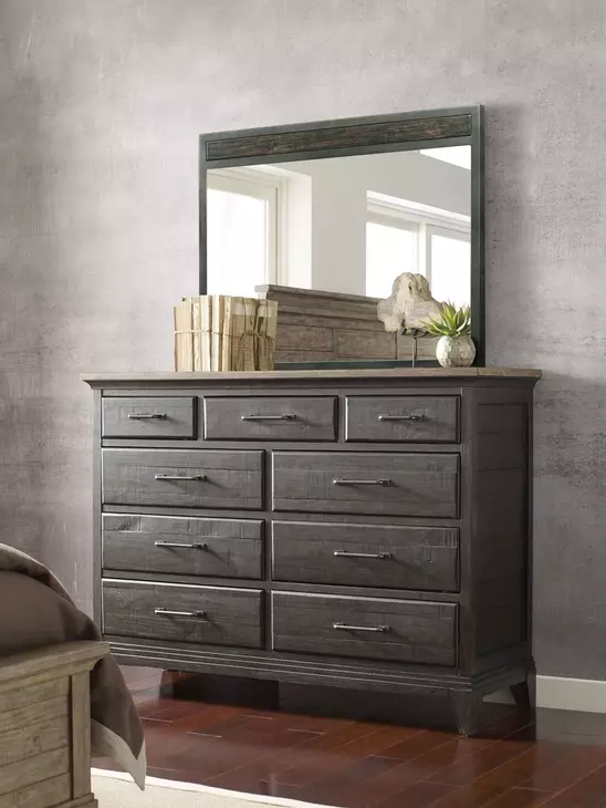 Heritage Timber Charcoal and Brown 9 Drawer Westwood Bureau with Rectangular Jessup Mirror