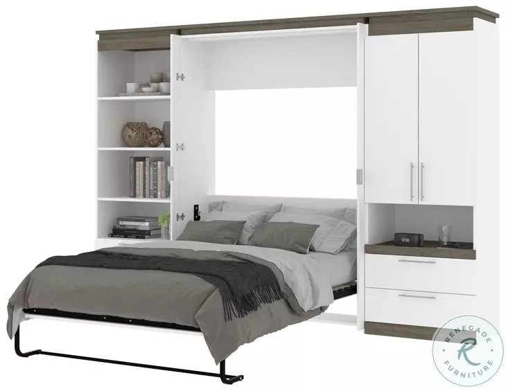 Orion White And Walnut Grey 118" Full Murphy Bed And Multifunctional Storage With Drawers
