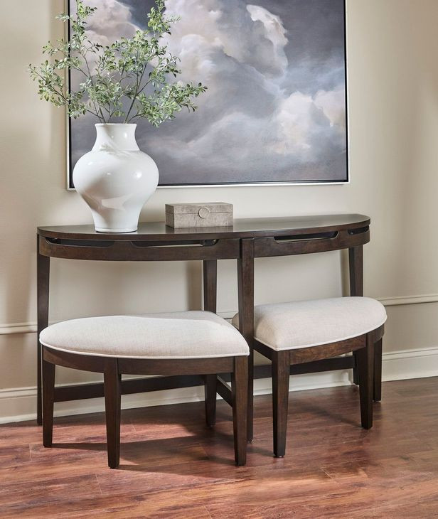 Sutton French Roast Demilune Sofa Table with Stools