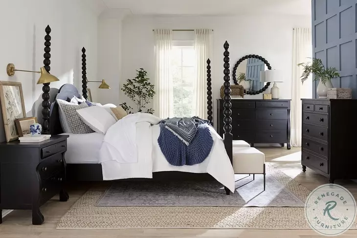 Caroline Soft Black Queen Poster Bed with USB Charging