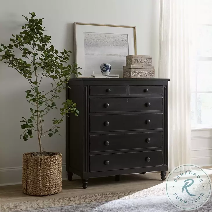 Caroline Soft Black Secretary 6 Drawer Chest with USB Charging