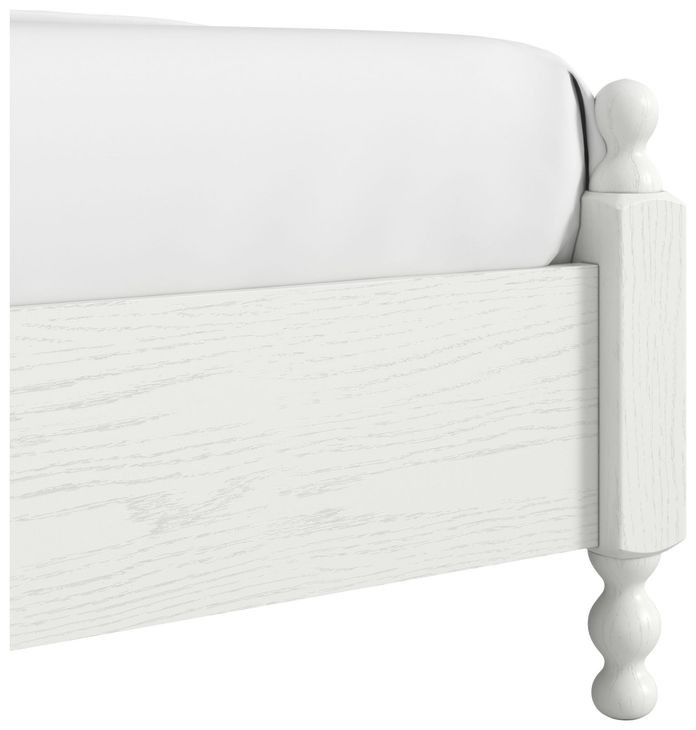 Haven Warm White Queen Upholstered Finial Poster Bed