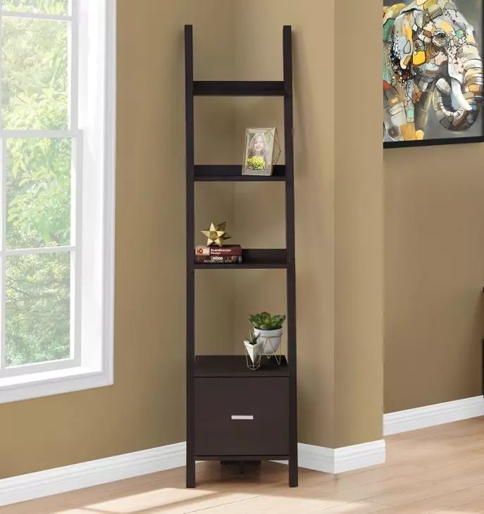 Cappuccino 69" Ladder Bookcase/Etagere with Drawer