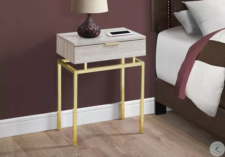 Beige Marble and Gold 24" Accent Table