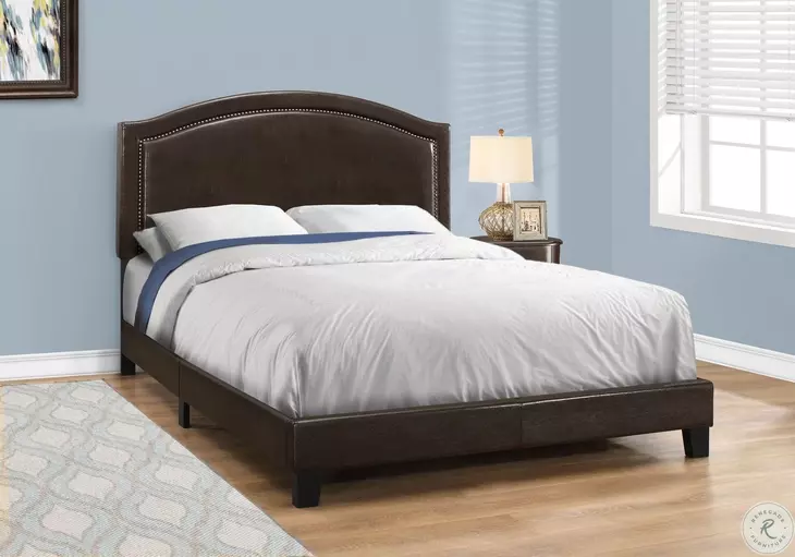 5938Q Brown Queen Upholstered Bed with Brass Trim
