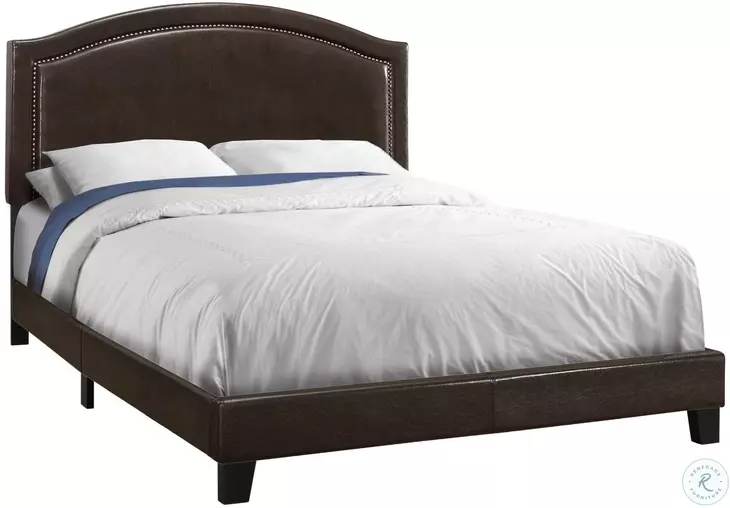 5938Q Brown Queen Upholstered Bed with Brass Trim