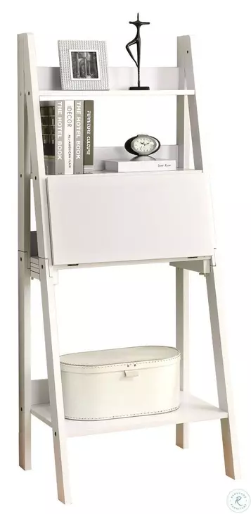 7040 White 61" Ladder Bookcase With Drop-Down Desk