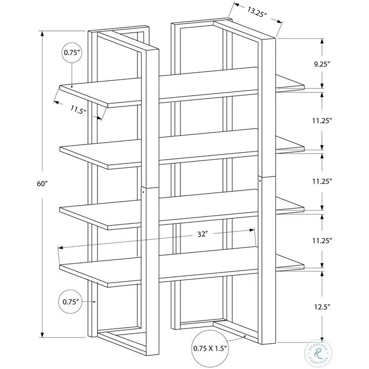 7239 60" Cappuccino And Silver Metal Bookcase
