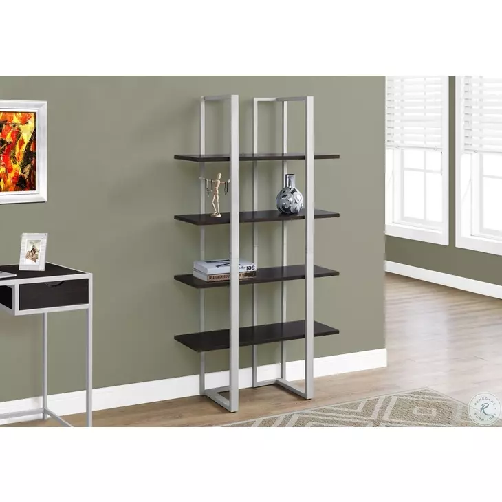 7239 60" Cappuccino And Silver Metal Bookcase