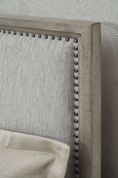 Zest Gray and Brown Queen Upholstered Panel Bed with Nailhead Trim