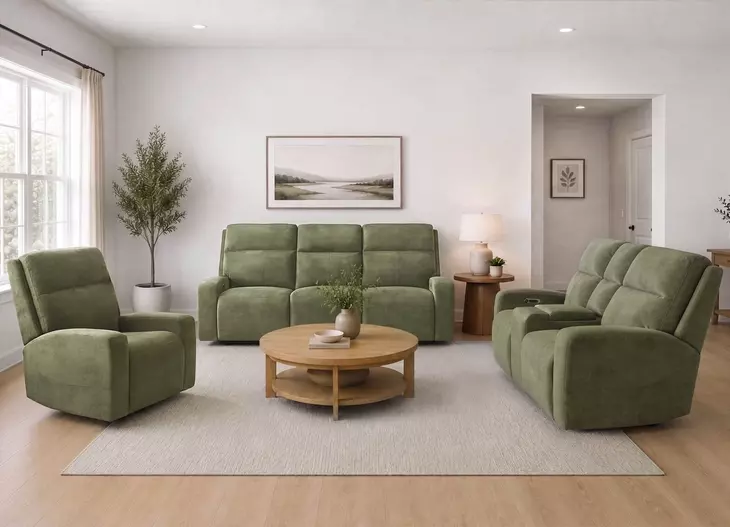 Traxton Jasper Moss Zero Gravity Triple Power Reclining Living Room Set with USB Charging