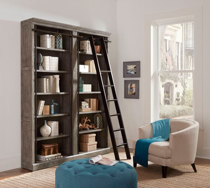 Avondale Rustic Gray 2 Tall Bookcase Wall with Ladder