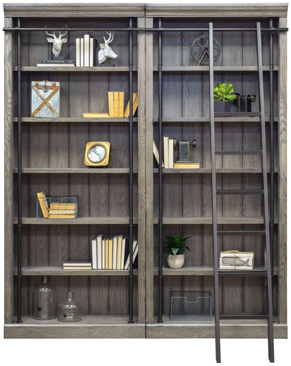 Avondale Rustic Gray 2 Tall Bookcase Wall with Ladder