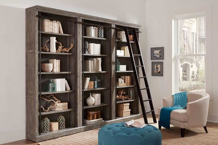 Avondale Rustic Gray 3 Tall Bookcase Wall with Ladder
