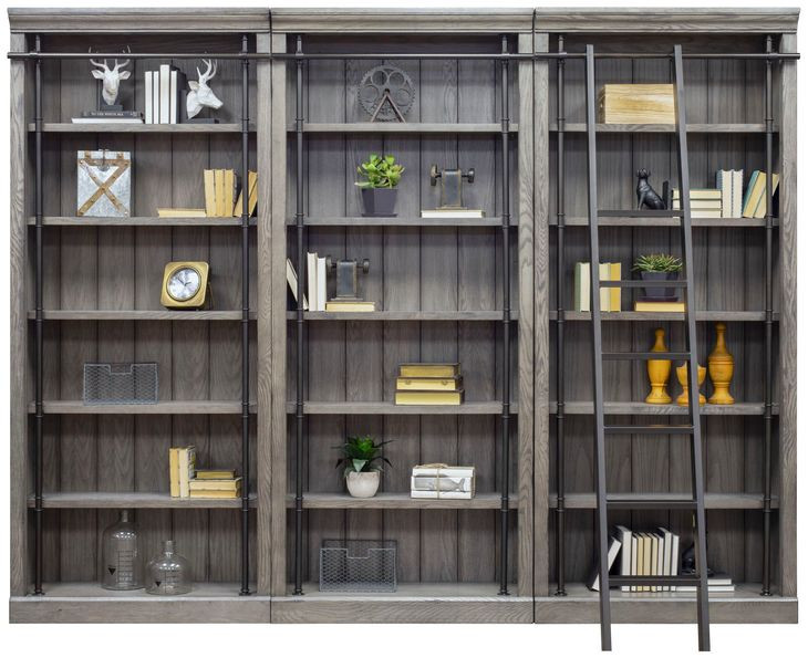 Avondale Rustic Gray 3 Tall Bookcase Wall with Ladder