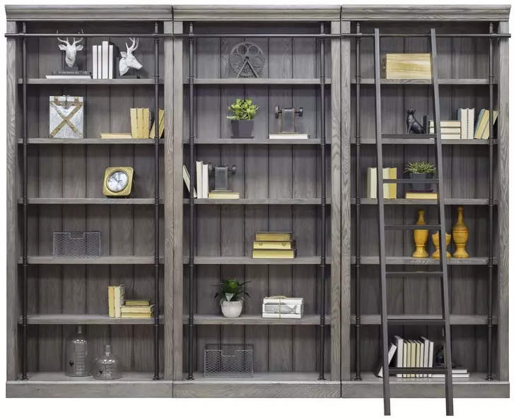 Avondale Rustic Gray 3 Tall Bookcase Wall with Ladder