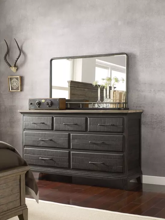 Heritage Timber Charcoal and Gray 7 Drawer Farmstead Dresser with Rectangular Landscape Mirror