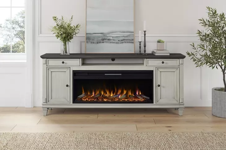 Hartford Antique White And Gray 75" TV Stand with Fireplace