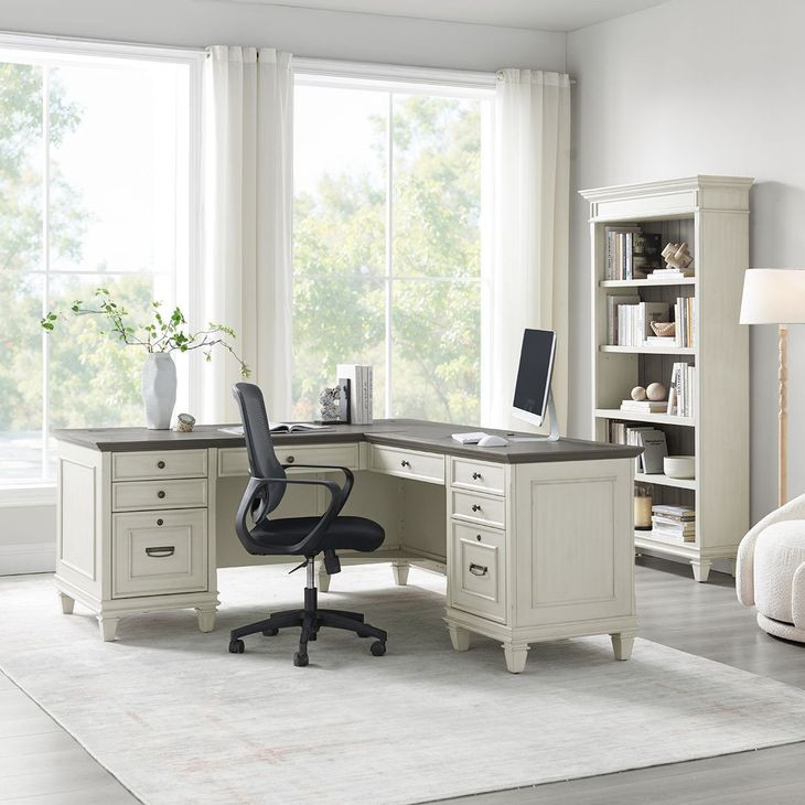 Hartford Antique White And Gray Pedestal L-Shaped Desk