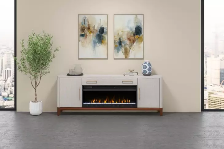 Pomona Soft White 80" TV Stand with Fireplace and LED