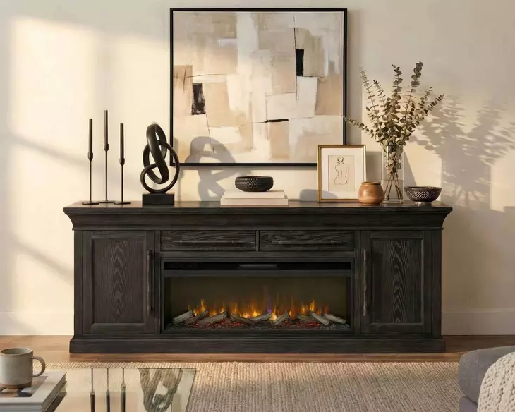 Willow Lane Ebony Black 84" TV Stand with Fireplace and LED