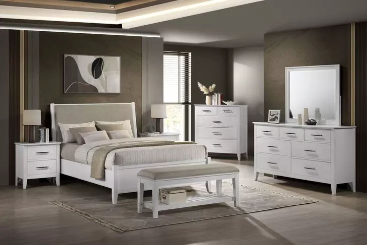 Andover White and Brown Queen Upholstered Panel Bed