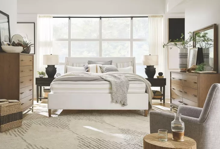 Lindon Belgian Wheat and White California King Upholstered Panel Bed