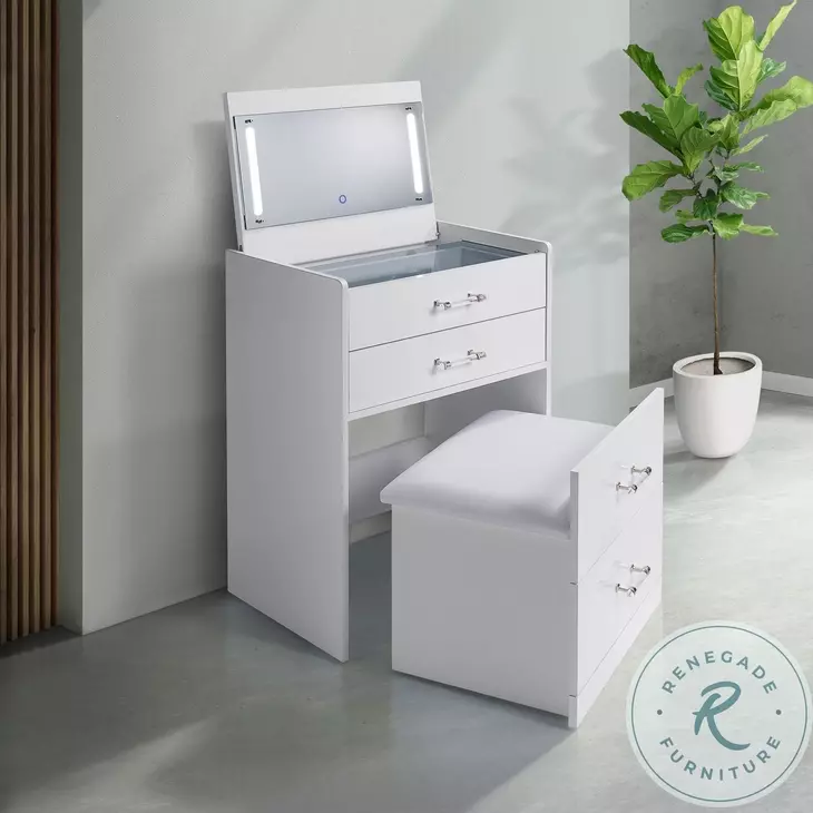 Aurora Glossy White Vanity With Stool With LED Light