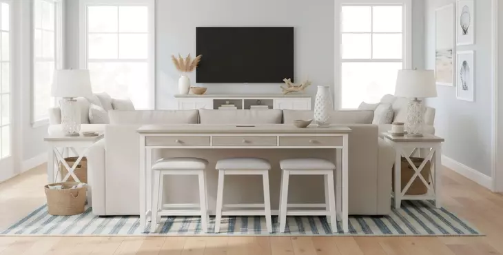 Islamorada Dapple Gray and Blanc Rectangular Console Table with USB Charging