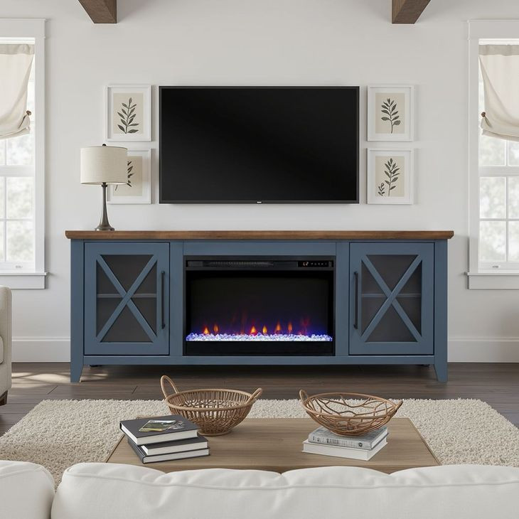 Ithaca Blue and Bourbon 66" TV Stand with Fireplace