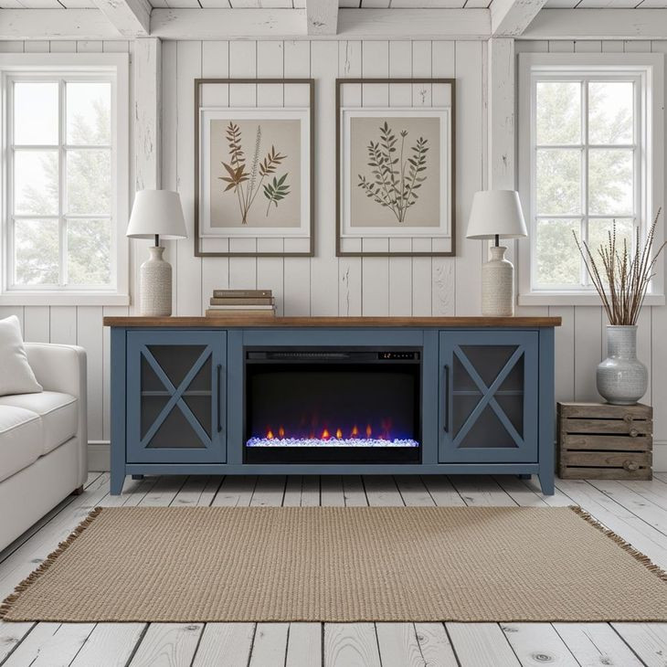 Ithaca Blue and Bourbon 66" TV Stand with Fireplace