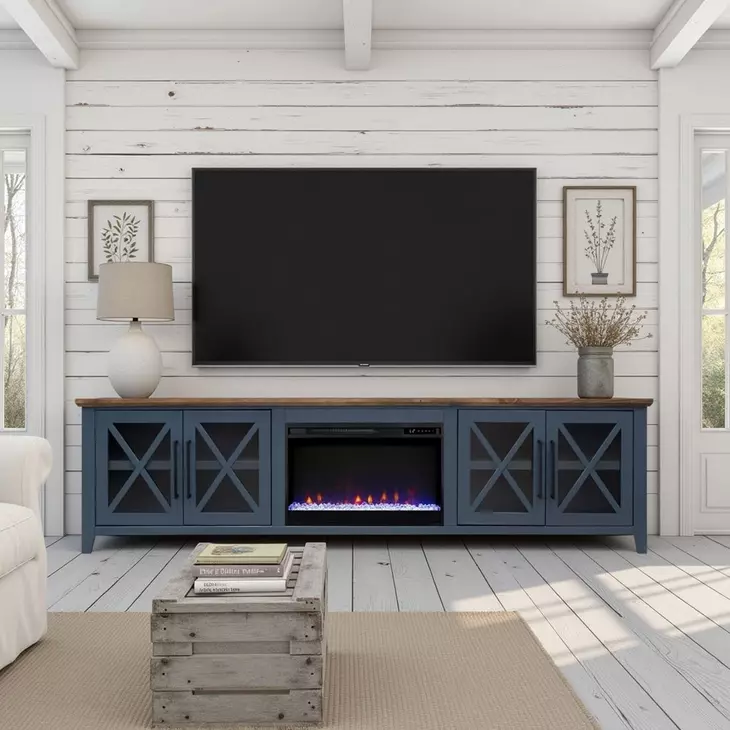 Ithaca Blue and Bourbon 96" TV Stand with Fireplace