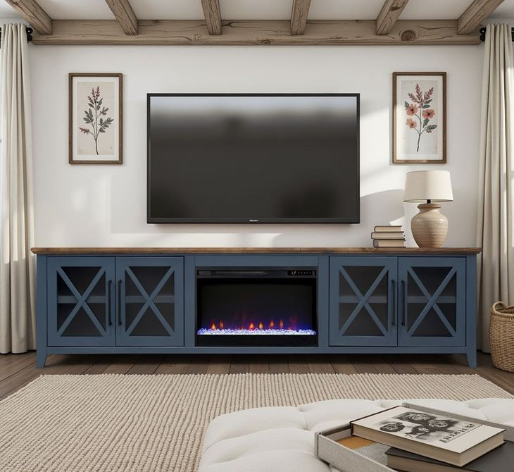 Ithaca Blue and Bourbon 96" TV Stand with Fireplace