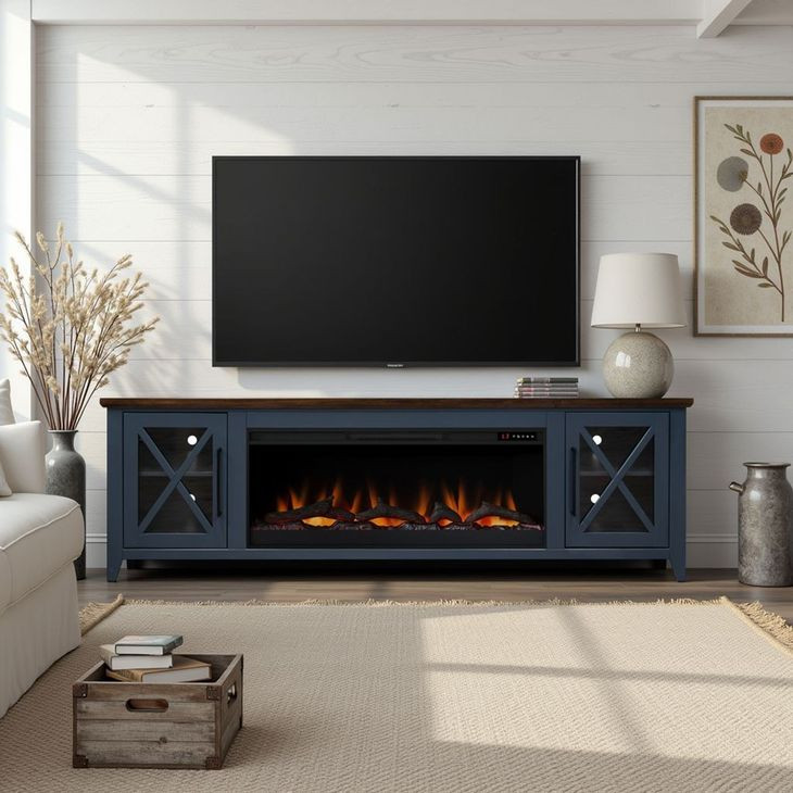 Ithaca Blue and Bourbon 83" TV Stand with Fireplace