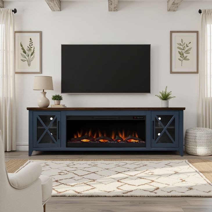 Ithaca Blue and Bourbon 83" TV Stand with Fireplace