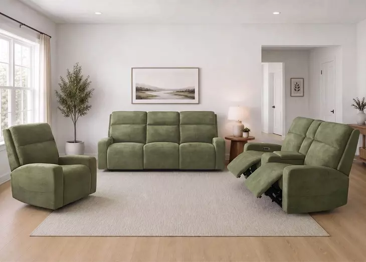 Traxton Jasper Moss Zero Gravity Triple Power Reclining Living Room Set with USB Charging