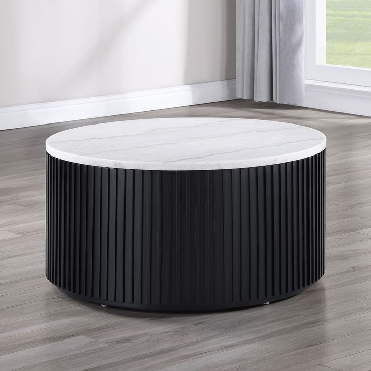 Colvin Black and White Round Marble Top Coffee Table with Casters