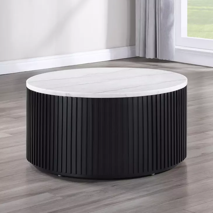 Colvin Black and White Round Marble Top Coffee Table with Casters