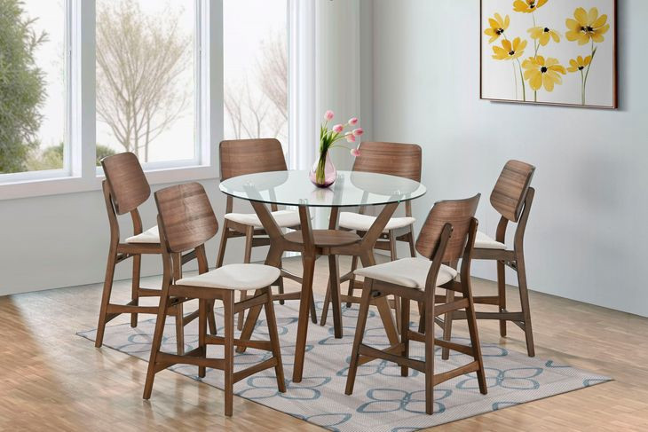 Oscar Walnut and Cream 42" Round Glass Top Counter Height Dining Set with 4 Cushion Chairs