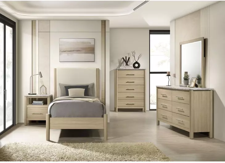 Joanna Natural and White Twin Upholstered Panel Bed