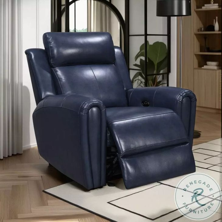 Jonathan Blue Leather Glider Power Recliner with Power Headrest and USB Charging