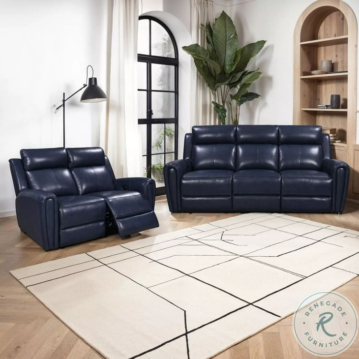 Jonathan Blue Leather 61" Lay Flat Power Reclining Loveseat with Power Headrest and USB Charging