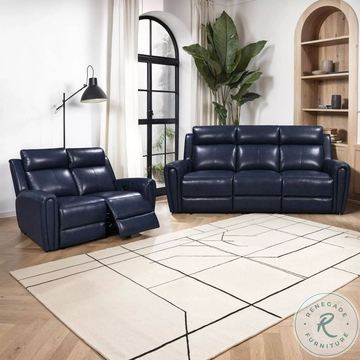 Jonathan Blue Leather 61" Lay Flat Power Reclining Loveseat with Power Headrest and USB Charging