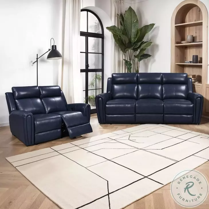 Jonathan Blue Leather 61" Lay Flat Power Reclining Loveseat with Power Headrest and USB Charging